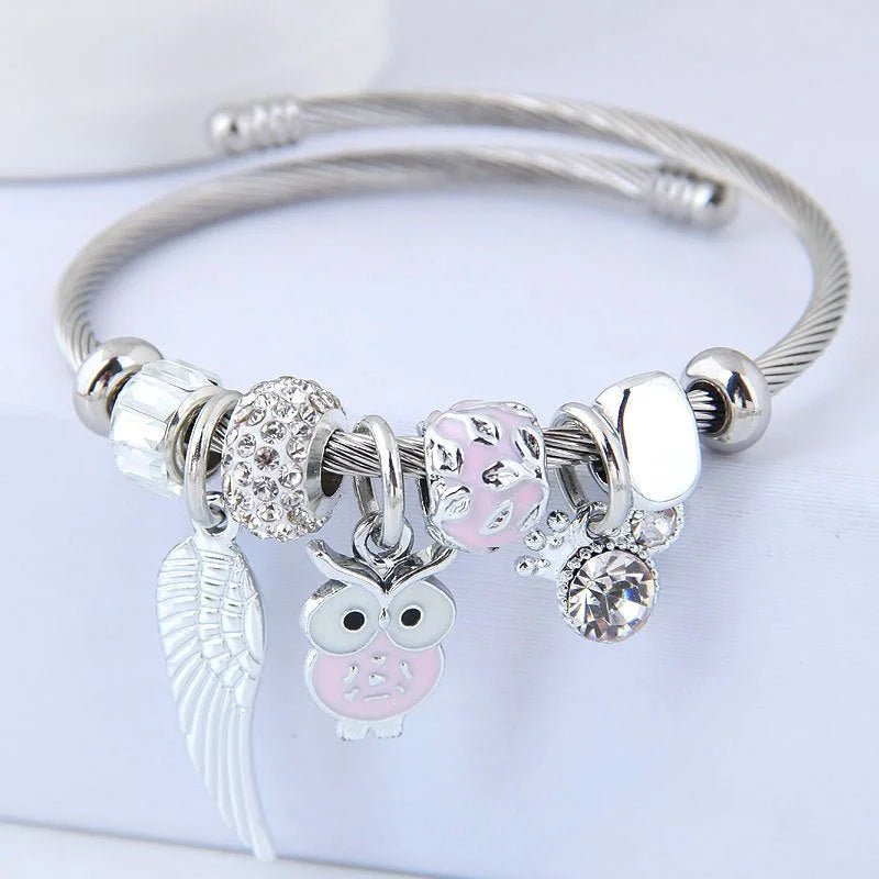 DIY Beaded Owl Angel Wings Pendant Bracelet | Stainless Steel Jewelry - HalleBeauty